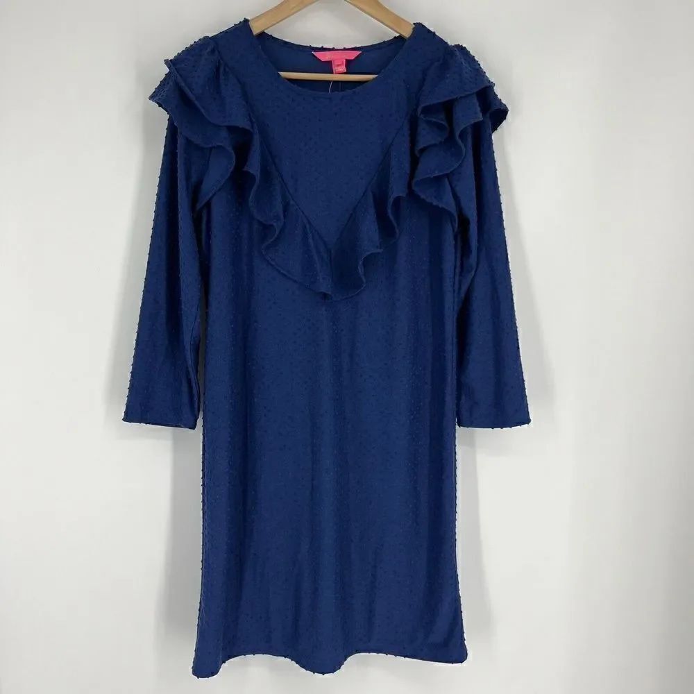 Lilly Pulitzer Dress Size Large Womens Blue Pheby Oyster Bay Cozy Knit Swiss Dot